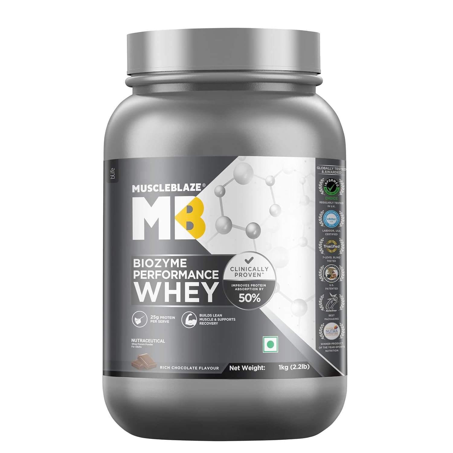 MuscleBlaze Biozyme Performance Whey Protein Powder, Rich Chocolate (1kg / 2.2lbs) | 25g Protein Per Scoop | Clinically Tested 50% Higher Protein Absorption
