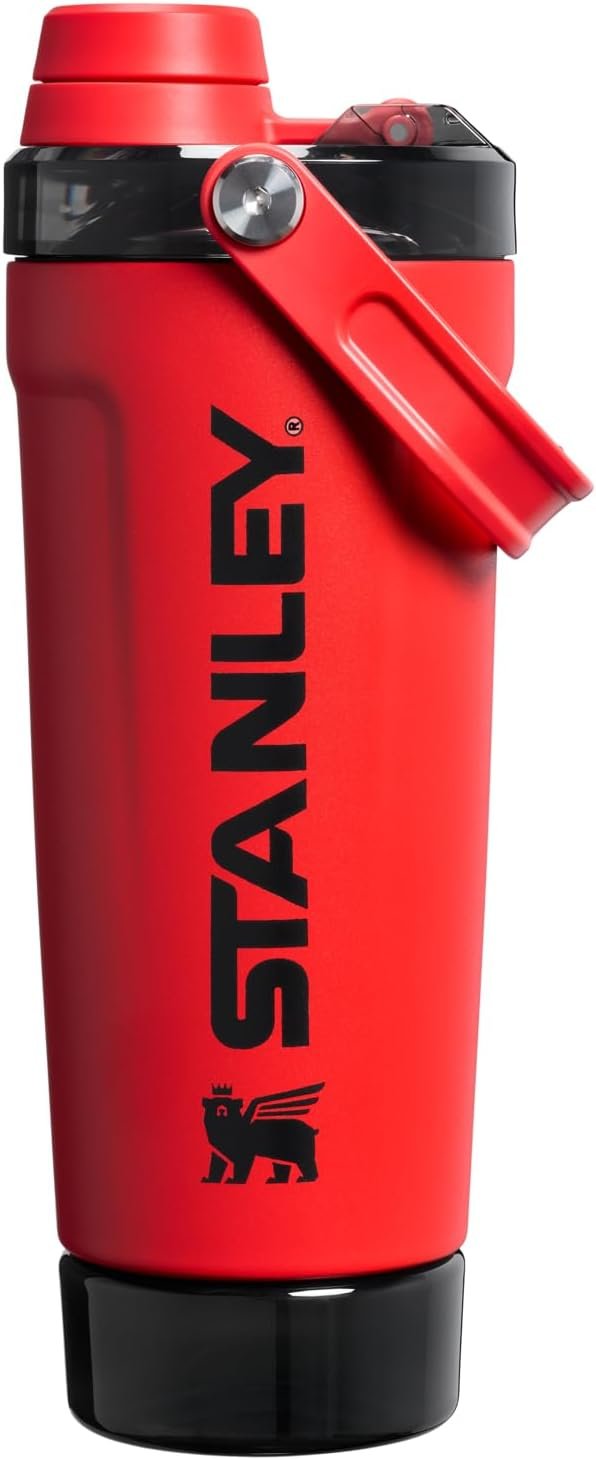STANLEY Vitalize Shaker Bottle 20 oz | Leakproof Insulated Stainless Steel Shaker Cup | Base Storage and Twist On Fast Flow Lid | Protein Shakes and Pre Workout Powder | BPA-Free | Chili Black